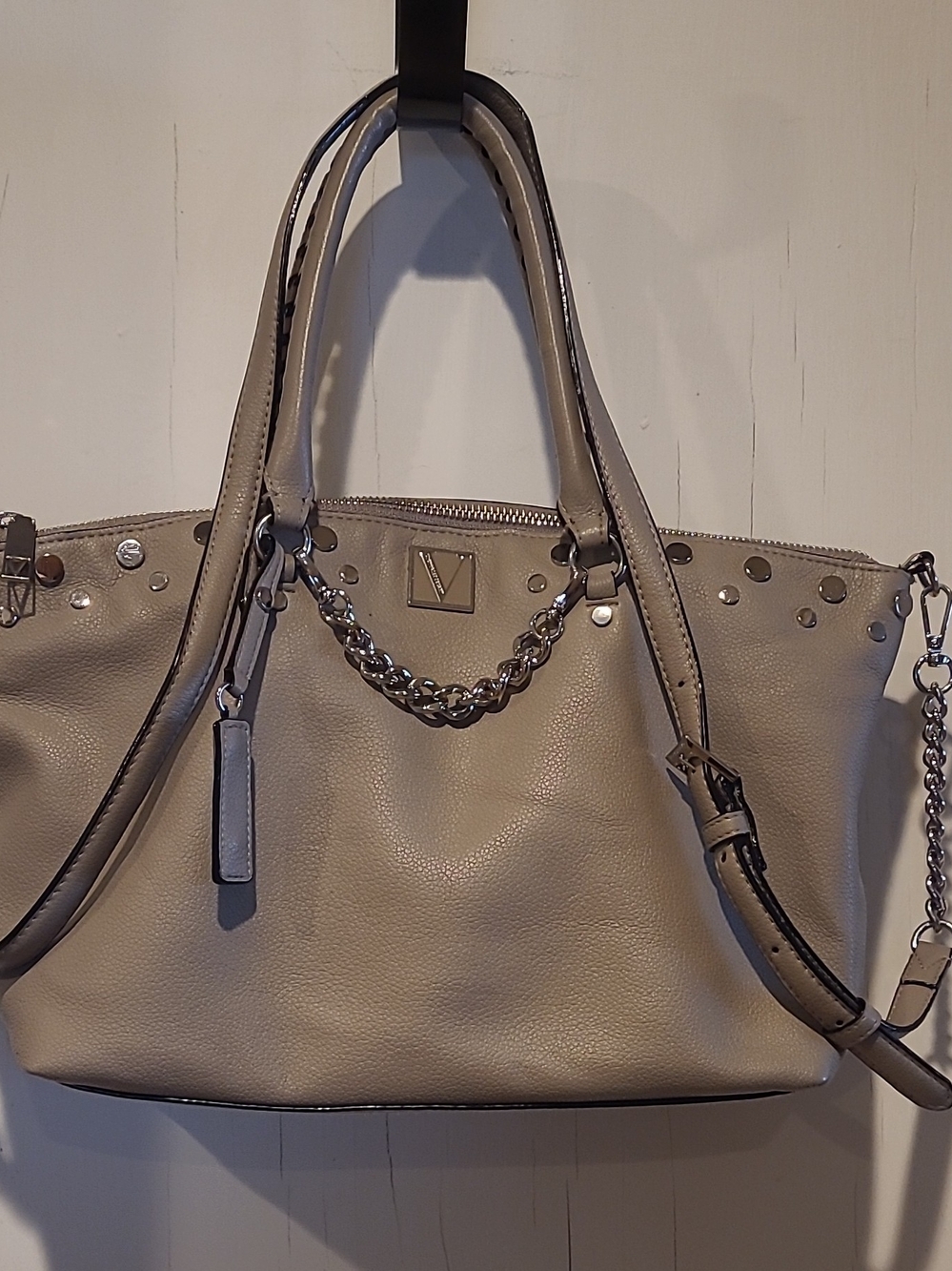 Victoria's Secret Gray Vegan Leather Shoulder Bag with Chain and Stud Accents